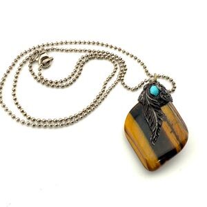 Tiger's Eye Pendant Necklace with Silver Chain
